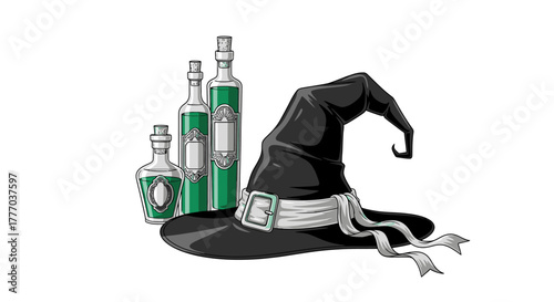 A witch's black hat with a silver buckle sits beside three green potion bottles of varying sizes.