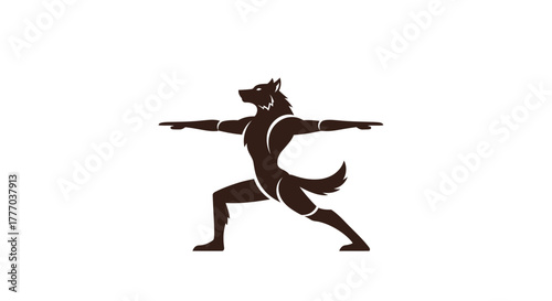 Stylized vector graphic of a wolf-human hybrid figure in a warrior yoga pose, arms outstretched, isolated on a white background.
