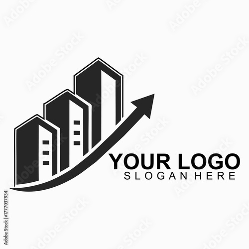 Minimalist real estate growth logo design featuring three modern buildings and an upward arrow symbolizing business success, investment, and financial growth.eps