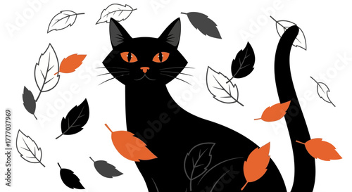A black cat with bright orange eyes sits amidst falling autumn leaves in a stylized, graphic illustration.
