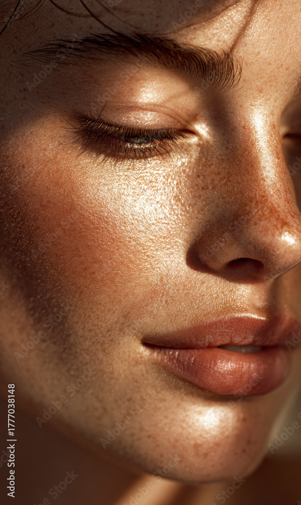Fototapeta premium Close-up of radiant skin, glowing complexion with sun-kissed highlights.