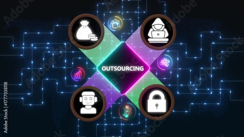 Global outsourcing concept digital animation with business icons and world map elements, Internet infrastructure concept map Abstract technology background in blue color .