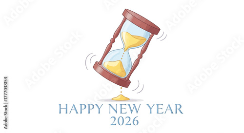 Cartoon hourglass with sand running out, shaking, with "Happy New Year 2026" text below, symbolizing time passing.