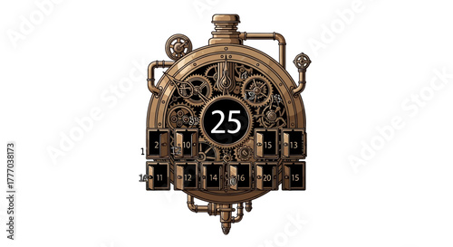 Steampunk style advent calendar with visible gears, pipes, and numbered doors, displaying the number 25 prominently.