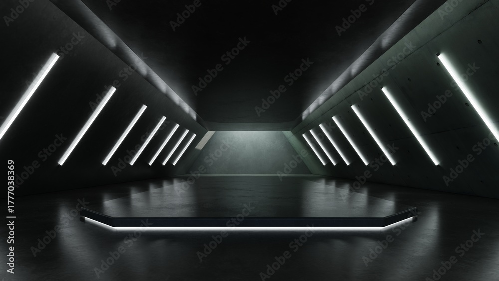 Obraz premium Abstract architecture background with neon light, Dark sci-fi interior design, Car presentation backdrop with empty futuristic concrete floor and wall 