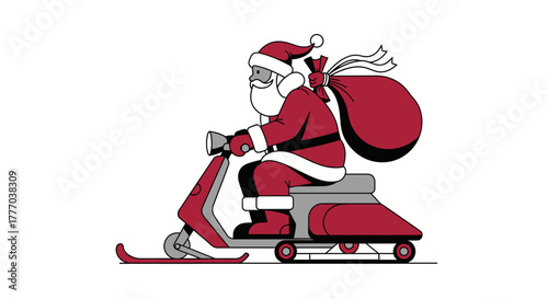 Santa Claus rides a snowmobile with skis, delivering presents in a red sack against a white background.