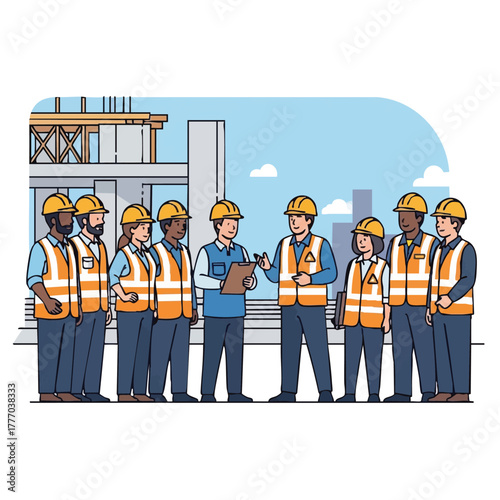 A construction team stands together, discussing project details with blueprints and wearing safety vests, near a building site.