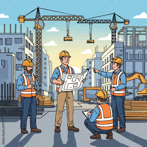 A team of construction workers wearing hard hats and safety vests review blueprints at a bustling construction site with cranes and buildings.