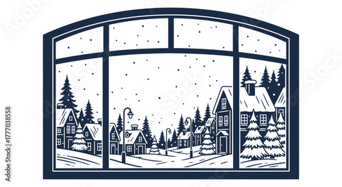 Winter scene through a window: a snow-covered village with houses, trees, and a streetlight, depicted in a monochrome illustration.