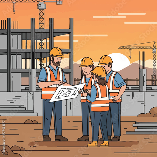 A construction team reviews blueprints at a building site, with a crane and completed structure in the background, during sunset.