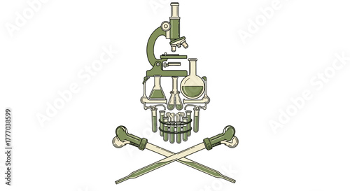 Skull and crossbones design created with science lab equipment including microscope, flasks, test tubes, and pipettes.