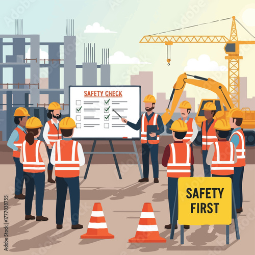 A construction crew receives a safety briefing at the worksite, emphasizing important protocols and procedures for a secure environment.