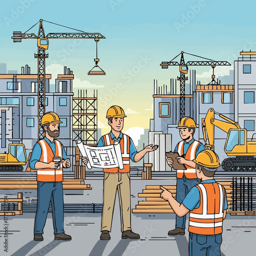 Construction workers collaborate on a building site, reviewing blueprints and coordinating the project's progress with various equipment.