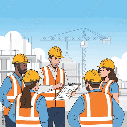 A diverse construction team in safety gear reviews blueprints on a construction site, ensuring project coordination and successful outcomes.