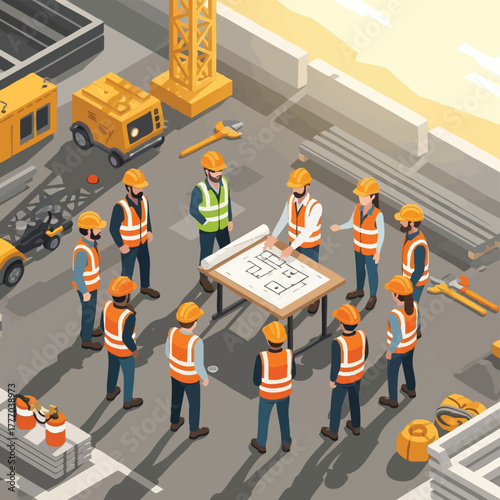A construction team gathers around a table to review blueprints, discussing project details and coordinating efforts on the building site.