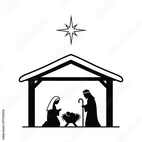 Nativity scene with mary, joseph, baby jesus isolated on white background