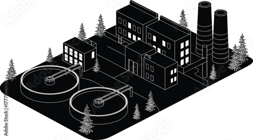 Black and white isometric illustration of industrial water treatment plant with buildings, tanks, chimneys, and trees, environmental engineering facility