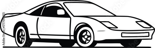 Black and white sports car illustration, sleek outline drawing of an automobile, minimalist vehicle design graphic