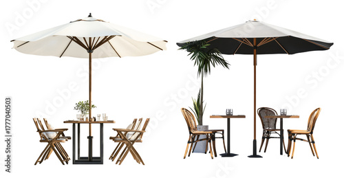 Elegant Outdoor Dining Sets with Large Umbrellas for Relaxation, PNG bundle collection, Isolated on Transparent Background