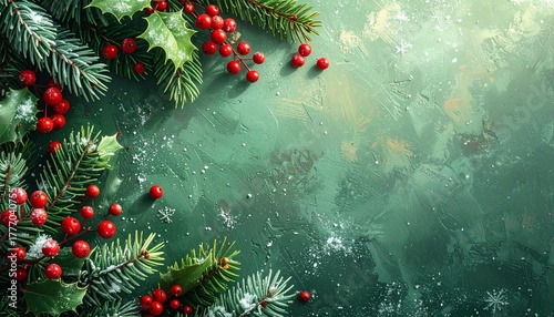 Festive green background with holly berries and pine branches for Christmas