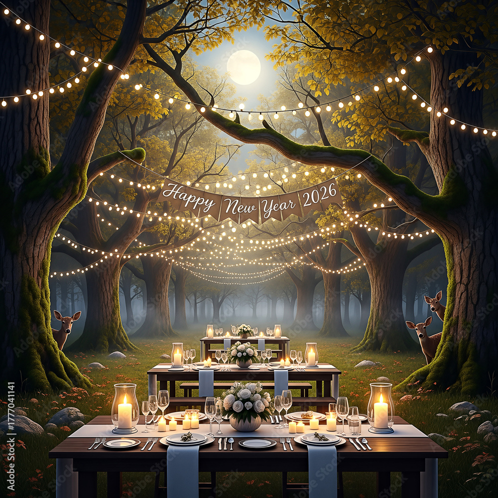 Obraz premium Enchanted Forest New Year's Eve Dinner, 2026, Moonlit, Deer, String Lights