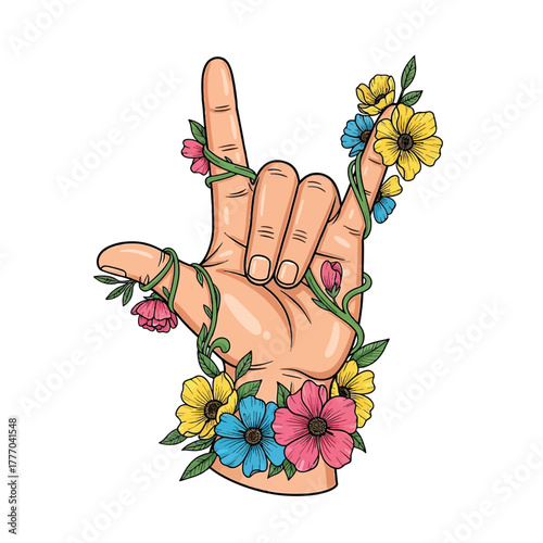 Flat illustration of hand sign with Flowers Accent