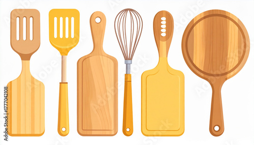Warm Yellow Flat Icons of Kitchen Utensils Set
