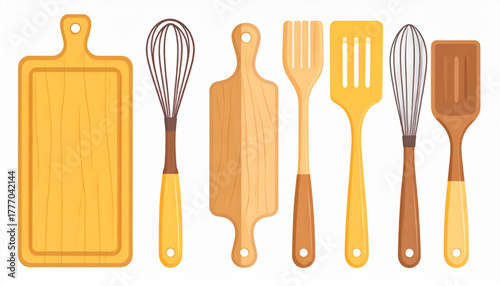 Warm Yellow Flat Icons of Kitchen Utensils Set