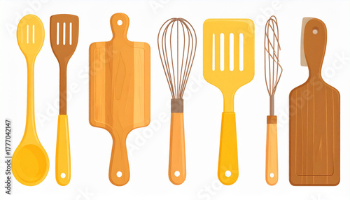 Warm Yellow Flat Icons of Kitchen Utensils Set
