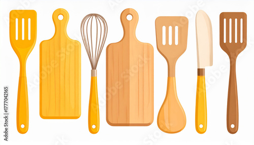 Warm Yellow Flat Icons of Kitchen Utensils Set
