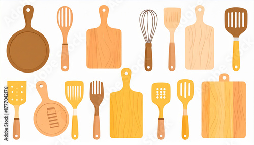 Warm Yellow Flat Icons of Kitchen Utensils Set