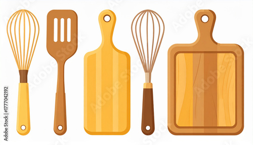 Warm Yellow Flat Icons of Kitchen Utensils Set