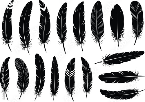 Black silhouette feather collection, isolated bird feather vector set, boho style elements, natural decorative design, minimal monochrome illustration, tribal art concept