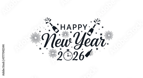 Happy new year 2026 celebration with champagne bottles and fireworks design
