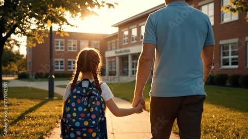 Father and Daughter Walking to School at Sunset Hand in Hand with Backpacks in Golden Light in Front of Brick Building with Trees and Blue Sky for Back to School Concept 180
