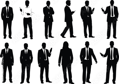 Businessman silhouette set, professional men in formal suits using smartphones and standing poses, black vector illustration isolated on white background for office, corporate, and design concept
