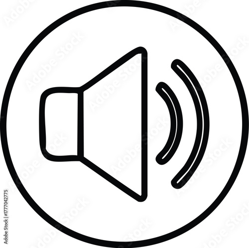 Minimalist black outline of a speaker icon with sound waves inside a circle. A simple vector graphic symbolizing audio, volume, and sound for user interface design