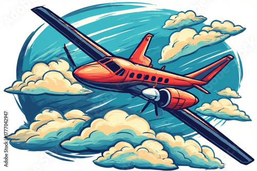 A red airplane soaring through a bright blue sky, surrounded by fluffy white clouds.