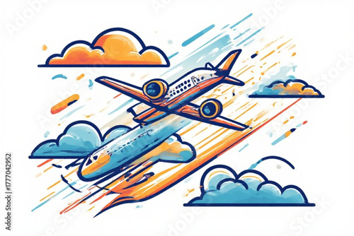 Two stylized airplanes soaring through the sky, surrounded by clouds and dynamic streaks.