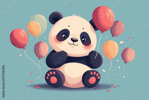 A cute cartoon panda bear sits surrounded by colorful balloons on a light blue background.