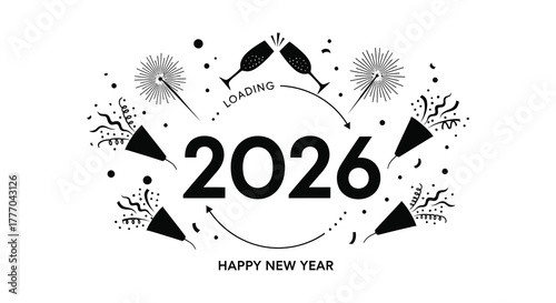 Happy new year 2026 celebration with champagne glasses and festive confetti in a circular design