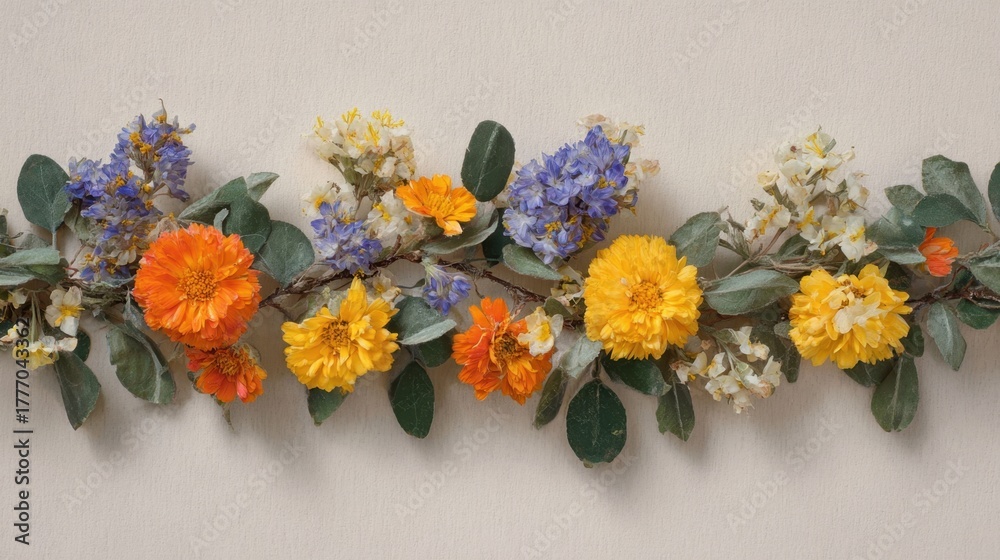 Fototapeta premium Bright orange yellow and purple flowers mix with greenery creating a lively garland display.
