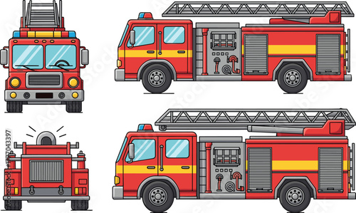 PrintRed firefighter trucks illustration, emergency rescue vehicles with ladders and sirens, cartoon fire engines front and side view vector design