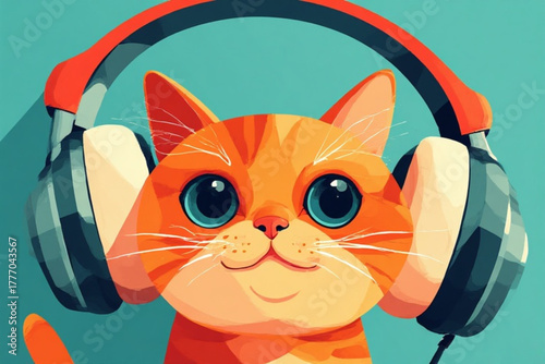 A cartoon-style ginger cat with big blue eyes wearing red and white headphones.