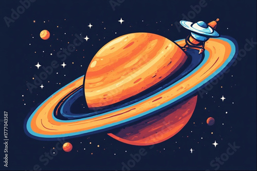 Cartoon illustration of a planet with rings being visited by a flying saucer in space.