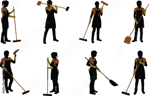 PrintSilhouette of female cleaners working with cleaning tools, professional janitorial staff, housekeeping service, sanitation work, hygiene maintenance, domestic cleaning concept illustration