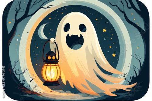 Cartoon ghost holding a lantern in a spooky night scene with moon and stars.