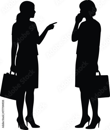 PrintSilhouette of two business women arguing in office, professional female communication issue, leadership conflict, workplace stress, teamwork discussion concept illustration