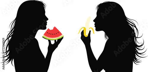 PrintSilhouette of two women eating fresh fruits, healthy lifestyle concept, one eating banana, one eating watermelon, nutrition, wellness, freshness
