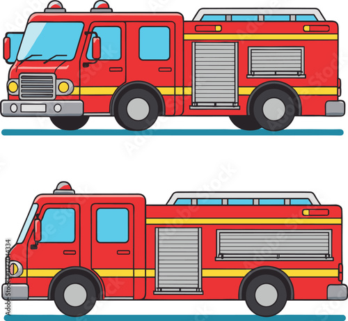 PrintTwo cartoon red fire trucks side view, firefighter emergency rescue vehicles illustration, modern fire engines for kids education, vector transport design